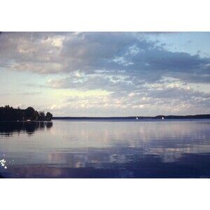 Kodak Slide 35mm 1940s Red Border, calm lake scene with distant shoreline